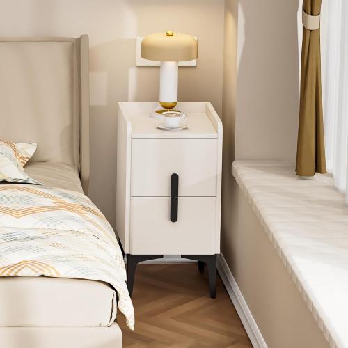 VICITON Narrow Nightstand with 2 Drawers, Narrow Side Table Leather Surface, Slim Bedside Table for Bedrooms, Dormitories, Living Rooms (Cream White, 15.7 D x 11.8 W x 22.4 H)