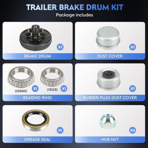 SEHNSUCHT Trailer Brake Drum Kit, 6 Hole on 5.5 Bolt Circle Brake Drum for 5200 lbs 6000 lbs Axles, Replacement 12 Brake Hub Drum Assembly for Rvs, Trailer, and Semi Truck