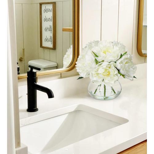 Hollyone Fake Flowers White Peonies Artificial Flowers Faux Flowers with Vase Peony Silk Flower Arrangements in Glass Vase with Faux Water for Home Decor Bathroom Table Centerpiece Shelf Decorations