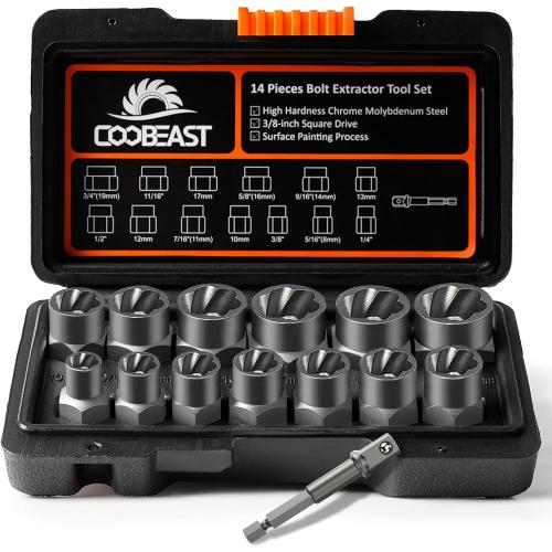 Bolt Extractor Set Heavy Duty, 13Pcs Bolt Extractor Kit with 3/8 Inch Adapter, Stripped Lug Nut Remover, Easy Out Bolt Remover Set for Rusted, Rounded, Damaged Nuts Screws