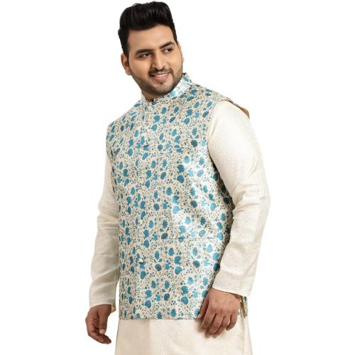 Size 54 color Beige with Blue flowers Sojanya PLUS (Since 1958), Men's Silk Blend Printed Nehru Jacket