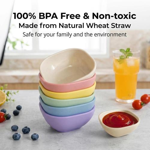 SHECIPIN 6 Pack Small Plastic Bowls 4.5 OZ Unbreakable Wheat Straw Dipping Bowls，plastic ramekins, Assorted Colors Dipping Sauce Cups, dip cups， Dessert, Ketchup