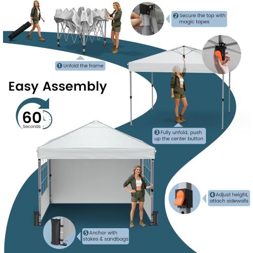 Raynesys Pop Up Canopy Tent with Sidewalls, 10x10ft 10 Person Party Tent One Push Setup, Portable Gazebo Outdoor Sun Shade for Events, Parties, Camping, Commercial, Silver Coated Top, White
