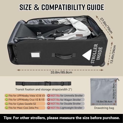 RAYMACE Padded Stroller Travel Bag for Airplane with Wheels | Fits to UPPAbaby Vista V2 V3, Cruz V2 V3,Travel Safe Protection Storage Bag, Patterned Design, Black