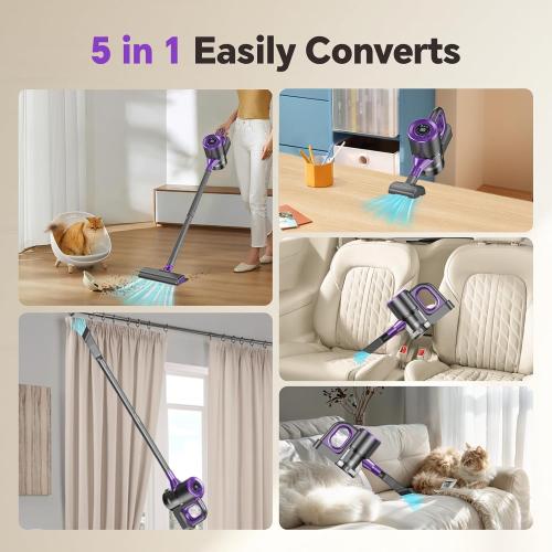 Cordless Vacuum Cleaner, Powerful Suction Vacuum Cleaners for Home, Stick Vacuum Cordless Rechargeable with LED Screen and 3-Speed Suction, Lightweight Handheld Vacuum for Pet Hair, Hard Floor, Carpet