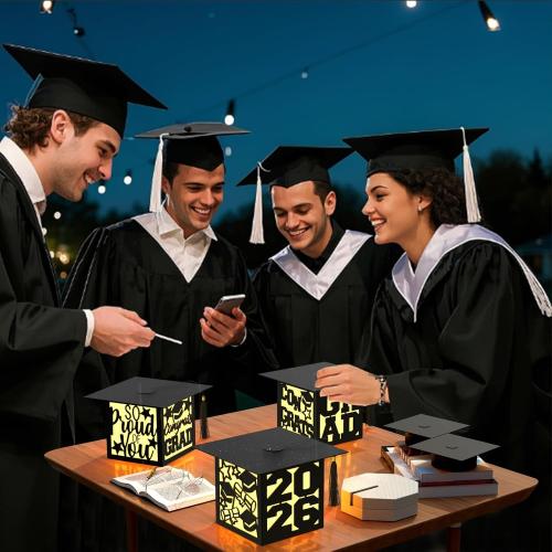 6 Pcs Graduation Table Centerpieces Boxes Class of 2026 Black Square Graduation Paper Lanterns with String Lights Hollow Out for Congrats Grad School College Table Decorations Grad Party Photo Props