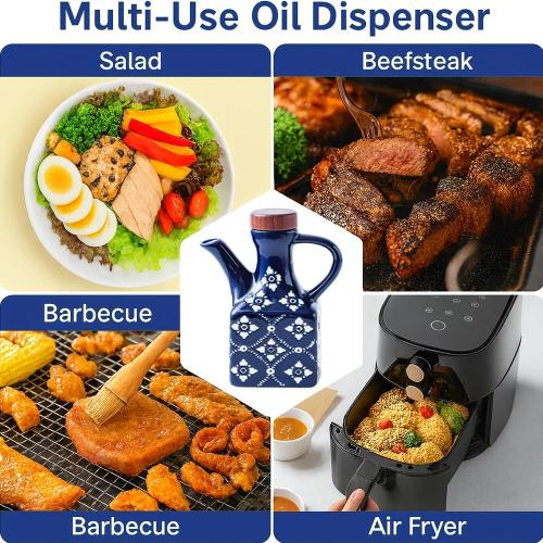 Blue Ceramic Olive Oil Dispenser Bottle for Kitchen, 8.5 oz Cruet for Avocado Oil with Handle & Wooden Stopper, Small Decorative Oil and Vinegar Dispenser Set, Oil Container Cruet for Olive