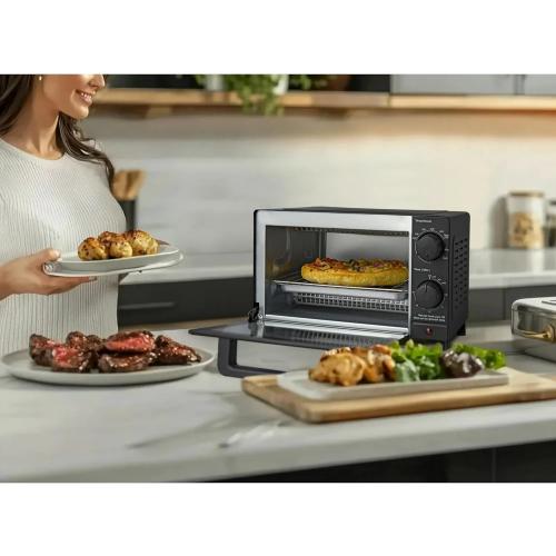Mainstay Toaster Oven Combo Kitchen Appliances, Fits 9” Pizza, 4 Slice Capacity, Powerful Circulation, Auto Shutoff, Includes Baking Rack Pan Quartz, up to 60 Min, Easy Clean (Black) NEEDS CLEANING