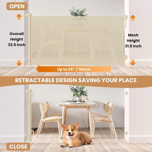 Reinforced Retractable Baby Gate or Mesh Dog Gate,Easy to Use for Stairs, Doorways, Hallways, Indoor, Outdoor, Wide Pet Gate 33.5 Tall, Extends to 65 Wide (Cream, 65 Wide)