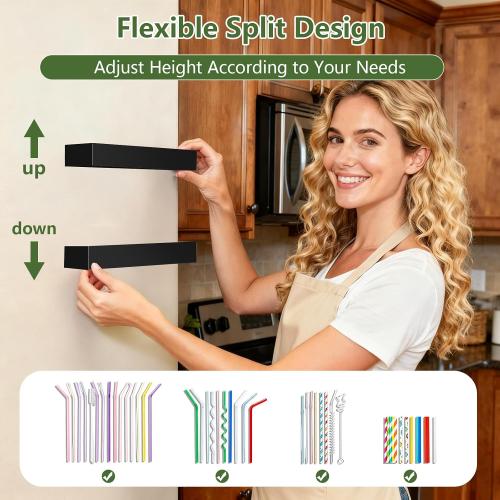 Malldii 9.5 Large Acrylic Straw Holder for Cabinet Door - Reusable Tumbler Straw Organizer Storage, Small Kitchen Accessories Container, Ultra Sticky Cupboard Door Mounted (Black)