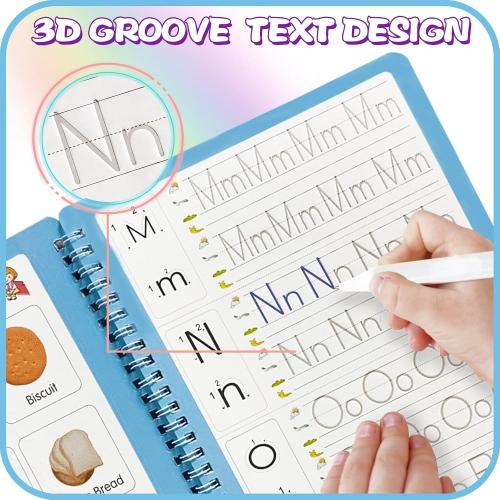 Upgraded Large Size Magic Practice Writing Copybook, Reusable for Kids, Reusable Copybook Preschool for Kids Age 3-8 ​Calligraphy(4 Books with Pens)-Blue Bag