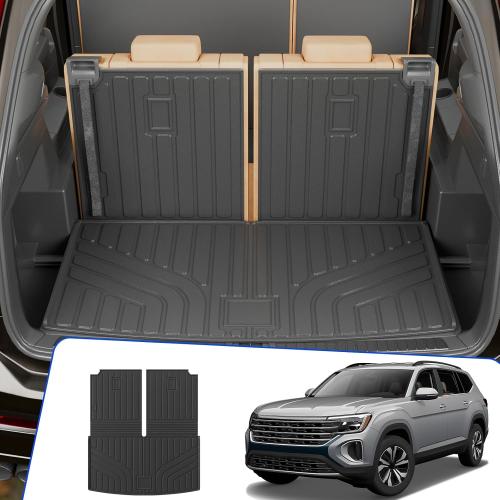 Rongtaod Cargo Mat Compatible with 2018-2024 2025 Volkswagen Atlas (NOT for Cross Sport) Trunk Mat Trunk Liner Cargo Liner Back Seat Cover 2023 VW Atlas Accessories (Trunk Mat with Backrest Mat)