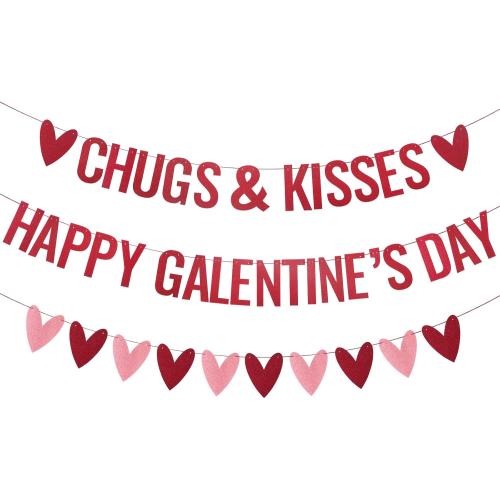 Epakh Happy Galentines Day Banner Chugs and Kisses Banner with Red Pink Glittery Heart Garland Romantic Galentines Day Party Decorations Hug Kiss Love Anniversary Valentines Party Supplies