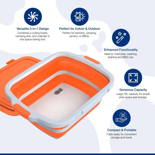 2-Pack XL Collapsible BBQ Prep Tub with Built-In Cutting Board, Lid & Strainer – Marinate, Drain & Prep – Large Food-Safe Container – Perfect for Grilling, Smoking & Outdoor Cooking
