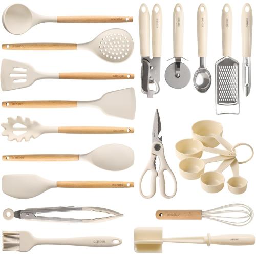 CAROTE 22pcs Silicone Cooking Utensils Set, 446°F Heat Resistant Kitchen Utensils Gadgets Set, Spatula, Turner, Whisk, Tongs