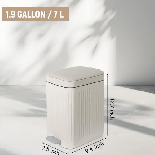 Small Bathroom Trash Can with Lid Slim Soft Close Garbage Can Step Wastebasket Container Trash Bin for Office Bedroom Kitchen Living Room (1.9 Gallon Cream)