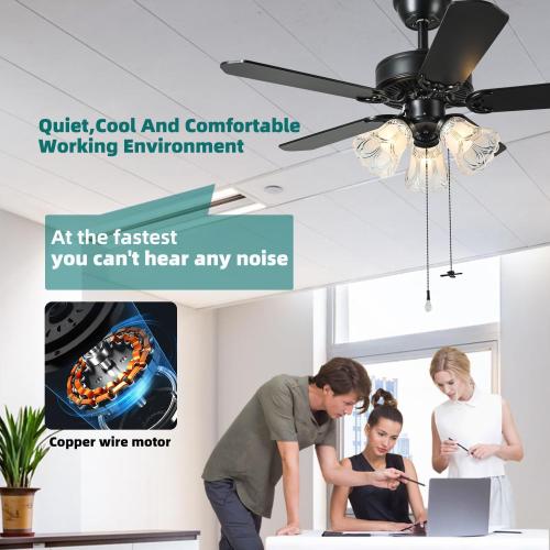 42 Inch Indoor Ceiling Fan with Pull-Chain and Three LED Light Bulbs Base, Traditional 3-Speeds Reversible Blades Ceiling Fan (Black)