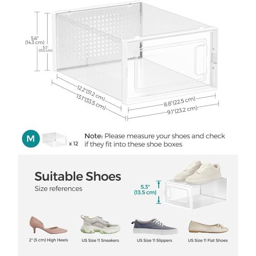 SONGMICS Shoe Boxes, Pack of 12 Shoe Storage Organizers, Stackable Clear Plastic Boxes for Closet, Sneakers, 13.1 x 9.1 x 5.6 Inches, Transparent and White ULSP12SWT