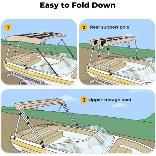 BougeRV 200W Solar Bimini Top for Boats 3-4 Bow 24V 600D Canopy | Marine solar panels bimini tops for boats,24V 25% efficient flexible panel with waterproof canopy and rear support poles