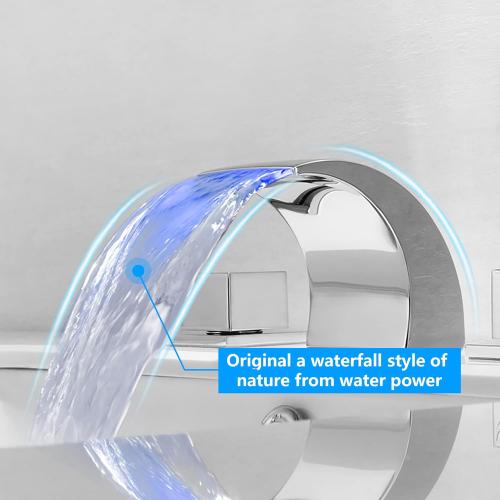 SKOWLL Polished Chrome Deck Mount Bathroom Faucet, 2 Handle Modern LED Waterfall Vanity Sink Faucet, 8 Inch Widespread Lavatroy Sink Faucets