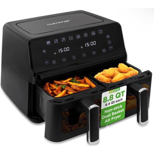 NutriChef Double Basket Air Fryer 8.8 QT | Family Size Oil Free Digital Cooker with Transparent Window | 9-1 Preset Cooking Options | 360° Hot Air Circulation Technology | 4.4 QTs per Basket | Black