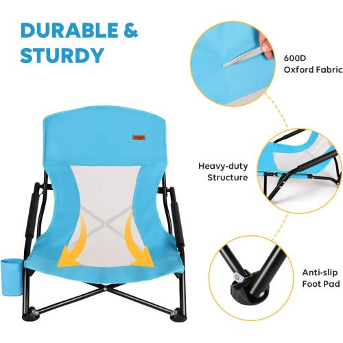 TOBTOS Low Beach Chair for Adults 2 Pack, Low Profile Folding with Cup Holder & Carry Bag, Heavy Duty Chair for Outdoor Sand, Camping, Concert, Travel