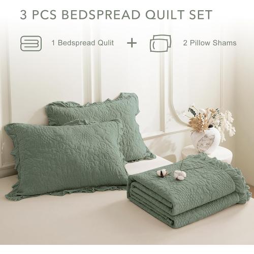 QSH Green Stonewashed Cotton Oversized King Quilt Bedspread Set(128x120),3PCs Farmhouse Ruffled Bedspread California King,Ultra Soft Lightweight Crinkled Quilt Coverlet Set with Pillow Shams
