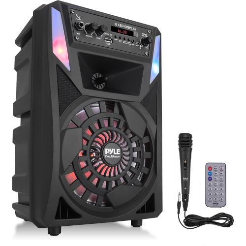 Pyle Portable Bluetooth PA Speaker - 300 W 8” Rechargeable Outdoor BT Karaoke Audio System - Multi-Color Party Lights, LED Display, FM/AUX/MP3/USB/SD, 6.5mm in - Wired Microphone, Remote Control