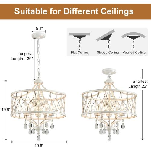 Modern Crystal Chandelier, 5-Light Farmhouse White Chandelier for Dining Room Vintage Hanging Pendant Light Fixtures Round Chandelier for Kitchen Island Entryway Foyer Bedroom Office Bar