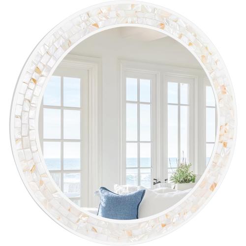 Tanmicoshomy 36 Inch Large Round Mirror, Natural Shell Inlay Framed Large Circle Mirrors with Shatterproof Glass for Bathroom Bedroom Living Room or Entryway (White)