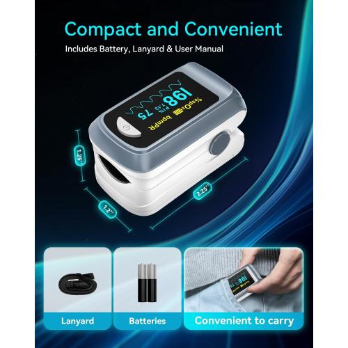 HealthTree JKS50B Fingertip Pulse Oximeter Blood Oxygen Saturation Monitor Pulse Ox, Heart Rate and Fast Spo2 Reading Oxygen Meter with OLED Screen Included Lanyard and 2 X AAA Batteries