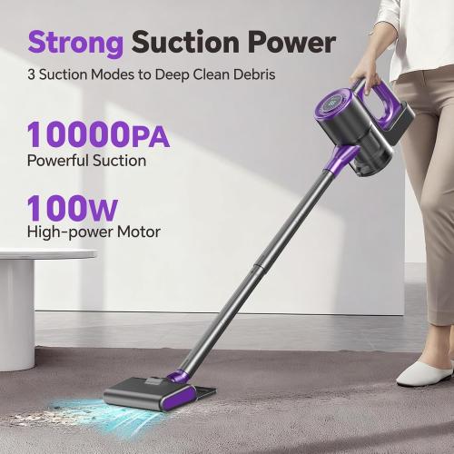 Cordless Vacuum Cleaner, Powerful Suction Vacuum Cleaners for Home, Stick Vacuum Cordless Rechargeable with LED Screen and 3-Speed Suction, Lightweight Handheld Vacuum for Pet Hair, Hard Floor, Carpet