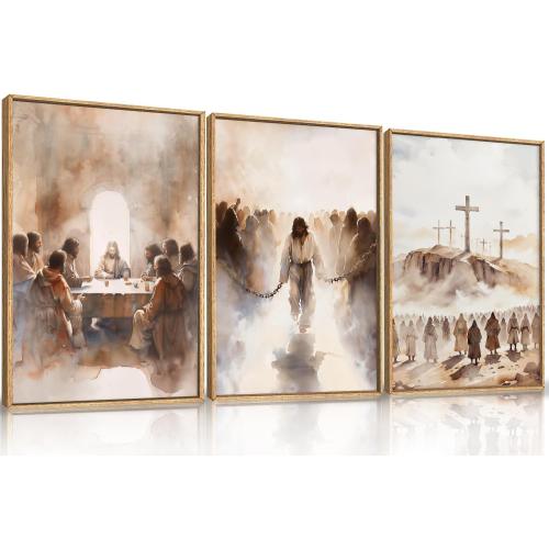 LHIUEM Large Jesus Neutral Framed Canvas Wall Art Set,Christ Church Wall Decor,Christian Bible Story Religious Easter Last Supper Artwork for Living Room,Churches,Prayer Room Decor- 24''x36''x3