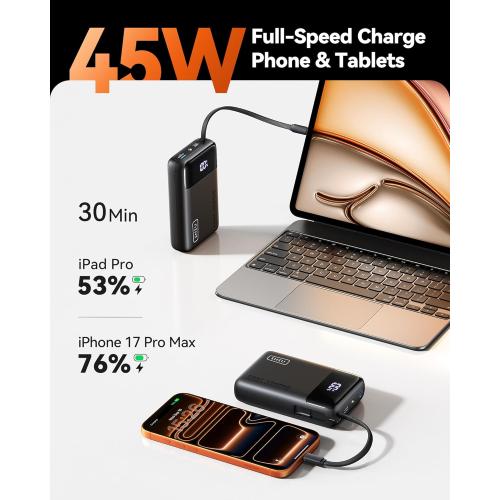 INIU 45W Portable Charger, Smallest 20000mAh Power Bank with Build in USB-C Cable, Fast Charging USB C in&Out Battery Pack, Travel Phone Charger for iPhone 17 16 15 Air Samsung S25 S24 Google iPad etc