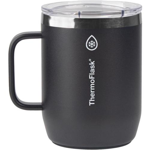 ThermoFlask Insulated Coffee Mug with Handle and Splash-Resistant Lid (12 oz, Jet Black) - Stainless Steel Travel Mug for Coffee & Tea