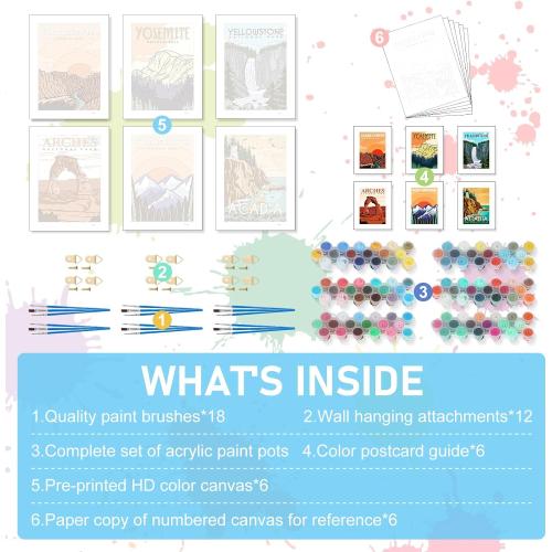 6 Pack Paint by Numbers Kit for Adults Beginners - 10x14 Inch National Park Adult Paint by Number Kits on Canvas, DIY Acrylic Oil Number Painting Kits for Adults, Perfect for Gift Home Decor