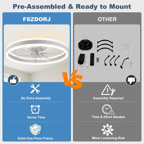 Fszdorj 23.6'' Ceiling Fan with Light, Upgraded Low Profile Fan, Flush Mount Ceiling Fan, 6 Speeds, Dimmable LED, App & Remote Control, Quiet DC Motor, for Bedroom, Living Room, F105 White N