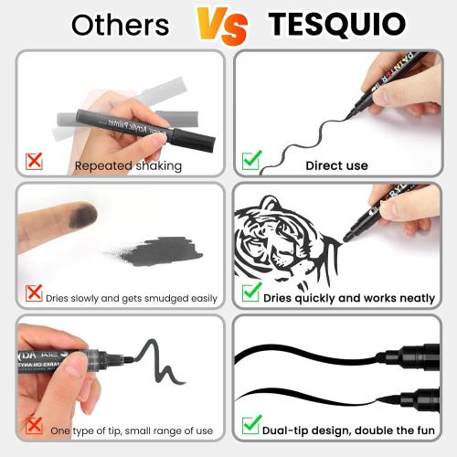 Black and White Paint Marker, 8 Pack Dual Tip Acrylic Paint Pens with Medium Tip and Brush Tip, Ideal for Wood, Rock Painting, Canvas, Stone, Glass, Ceramic