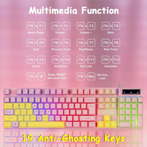 CHONCHOW Pink Gaming Keyboard and Mouse Combo with led, 104 Keys Wired Light Up Keyboard and Colorful Mouse for PC Laptop Computer PS4 Xbox, 19 Keys Anti-Ghosting, Multimedia Keys, Number Pad