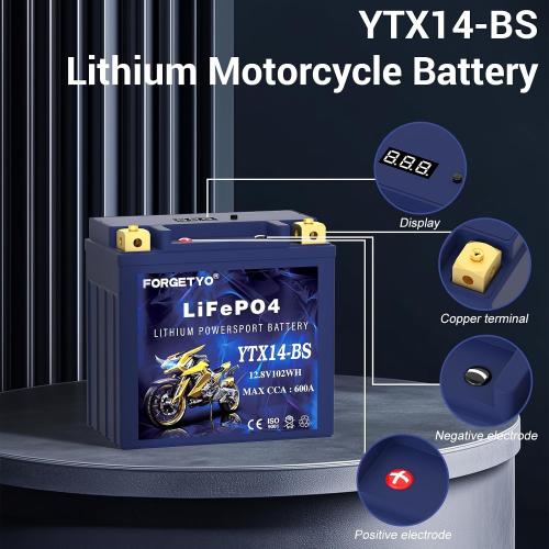 UL Certified YTX14-BS Lithium Motorcycle Battery, ATV Battery 12V 8AH 600CCA Compatible with Yamaha Scooter Snowmobile Jet Ski, Scooter, PWC & More