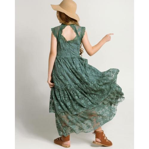 Green Size 4 BIBIHOU Girls Kids Lace Back Full-Length Backless Tulle Party Holiday Formal Flower Girl Dress