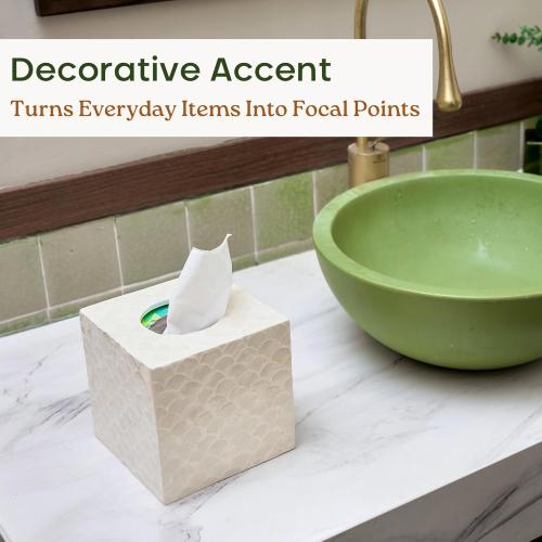 5.8” Capiz Tissue Box Cover, Square Decorative Tissue Holder with Bottom Slider, Handmade Bathroom Accessories, Elegant White Cube for Vanity, Bedroom, Office & Coastal Décor (Natural)