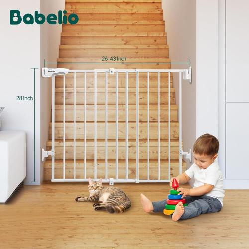 Babelio Baby Gate for Stairs, Kitchen & Doorways, 26-43 W 28 H No Bottom Bar| Easy Installation| One-Handed Operation| Auto-Close| Hardware Mount (Drill Needed) Safety Dog/Pet Gate Indoor (White)