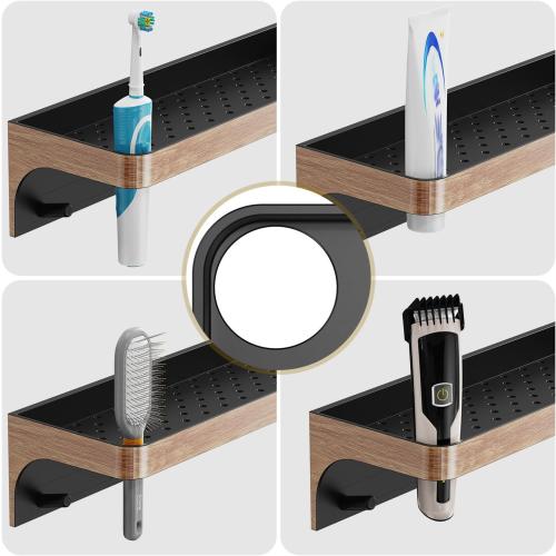 Shower Caddy Adhesive with 5 Hooks & Drainage, No-Drill, Wood