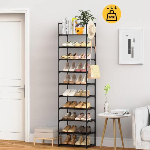 Narrow Shoe Rack 10 Tiers Tall Shoe Rack for Entryway 20 24 Pairs Shoe & Boots Organizer Storage Shelf Durable Black Metal Stackable Shoe Cabinet with Hooks, 17.1D x 11.8W x 78.7H in