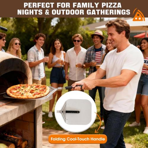 Bonteck Pizza Peel Aluminum Metal Pizza Spatula Kit | 12x14 Inch Foldable Handle Paddle | 6Pcs Pizza Oven Accessories with Rocker Cutter, Pizza Pan, Pizza Server, Oven Mitts, for Family Oven Baking