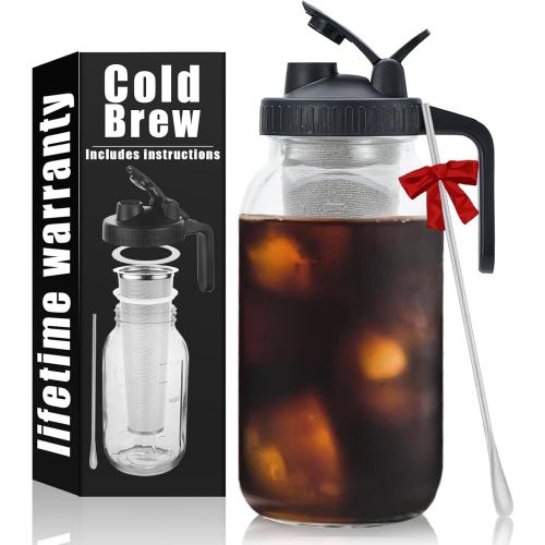 Clear 64oz Cold Brew Mason Coffee Maker - 64oz Iced Coffee Pitcher with Stainless Steel Mixing Spoon & Super Dense Filter 3 Steps Finish Cold Brew Coffee, Classic BPA Free Sturdy Mason jar Pitcher Easy to Clean