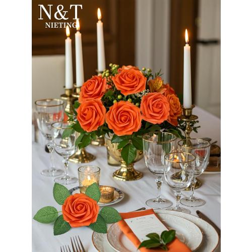 N&T NIETING Artificial Flowers, Fake Flowers Burnt Orange Roses Perfect for DIY Wedding Bridal Bouquets Centerpieces Bridal Shower Party Home Fall Flower Arrangement Decorations, 50Pcs