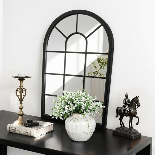 HQiJun Black Arched Window Mirror, Farmhouse Decorative Wall Mirrors for Living Room, Bedroom, Entryway, Bathroom Vanity, Fireplace Mantel, Window Pane Mirror Wall Decor (Black, 31.5 x 20 x1)