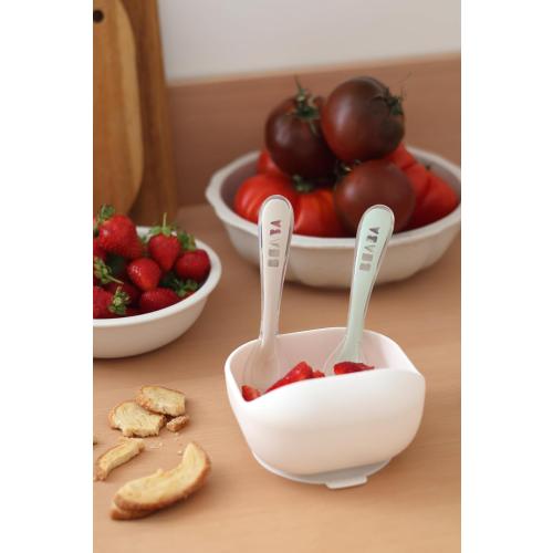 BEABA Toddler's Self-Feeding Spoon Set with Travel Case, Original Silicone Baby Spoons, Baby Essentials, Travel Set, Sage   Cloud